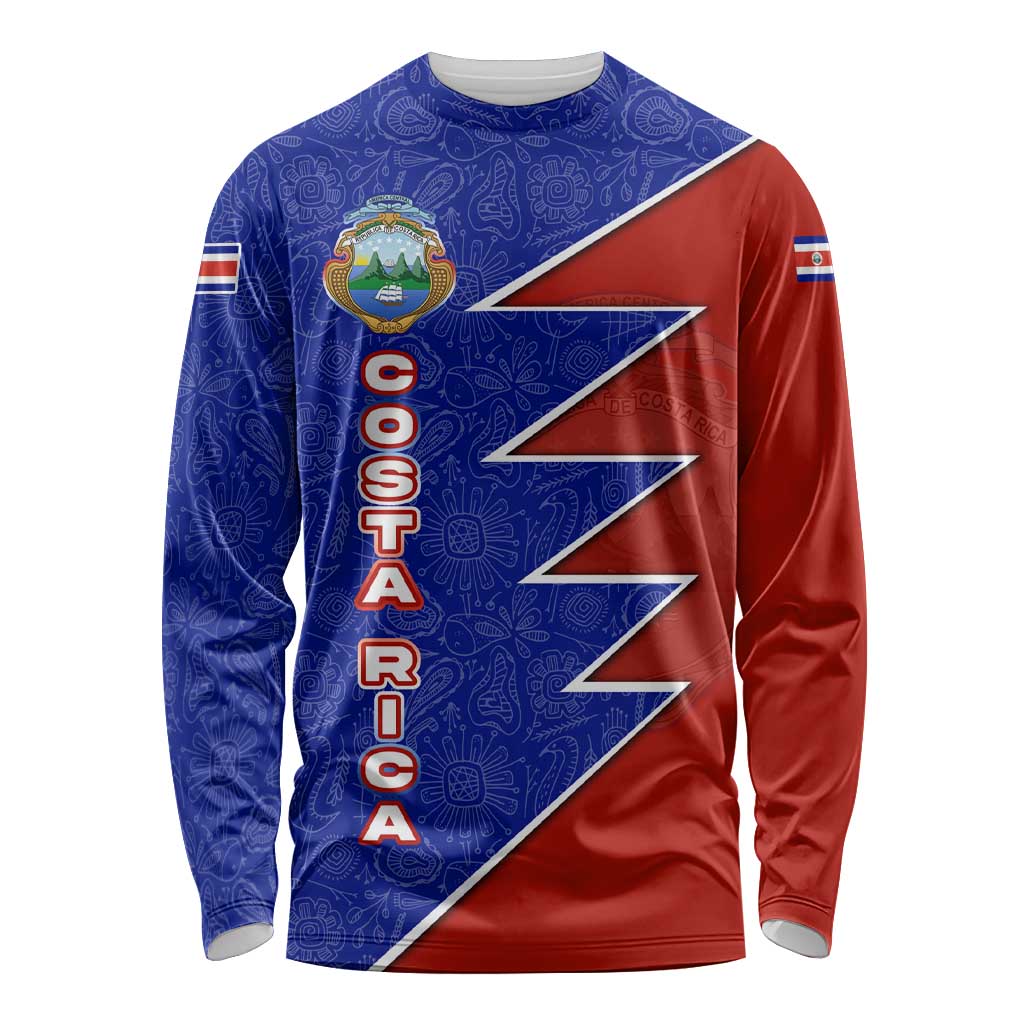 Costa Rica Toucan Long Sleeve Shirt Red and Blue with National Seal and Tropical Bird Graphic - Wonder Print Shop