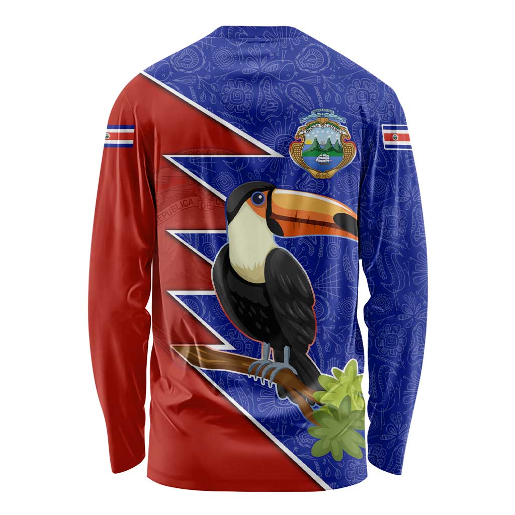 Costa Rica Toucan Long Sleeve Shirt Red and Blue with National Seal and Tropical Bird Graphic - Wonder Print Shop