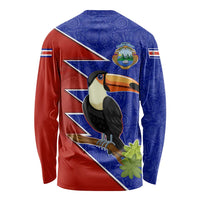 Costa Rica Toucan Long Sleeve Shirt Red and Blue with National Seal and Tropical Bird Graphic - Wonder Print Shop
