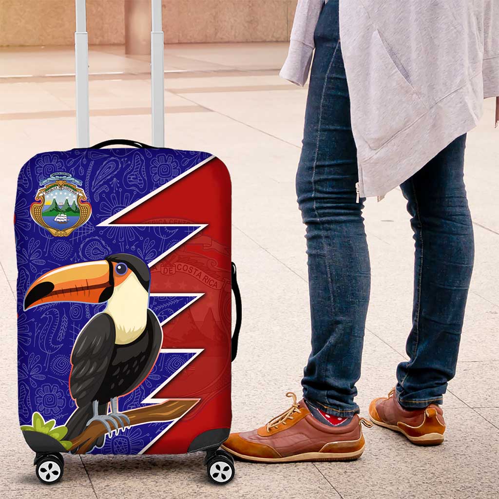 Costa Rica Toucan Luggage Cover Red and Blue with National Seal and Tropical Bird Graphic - Wonder Print Shop