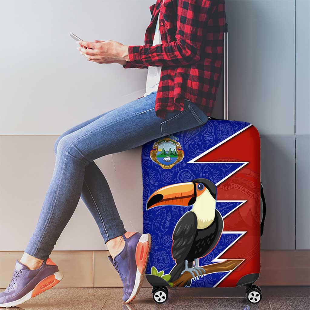Costa Rica Toucan Luggage Cover Red and Blue with National Seal and Tropical Bird Graphic - Wonder Print Shop