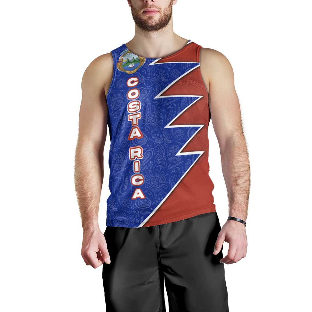 Costa Rica Toucan Men Tank Top Red and Blue with National Seal and Tropical Bird Graphic - Wonder Print Shop