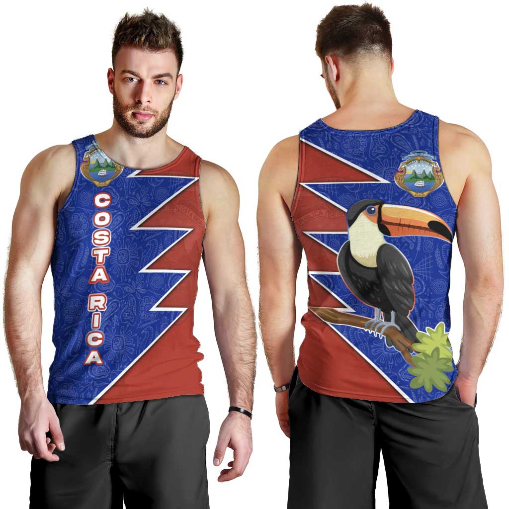 Costa Rica Toucan Men Tank Top Red and Blue with National Seal and Tropical Bird Graphic - Wonder Print Shop