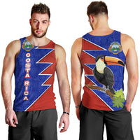Costa Rica Toucan Men Tank Top Red and Blue with National Seal and Tropical Bird Graphic - Wonder Print Shop