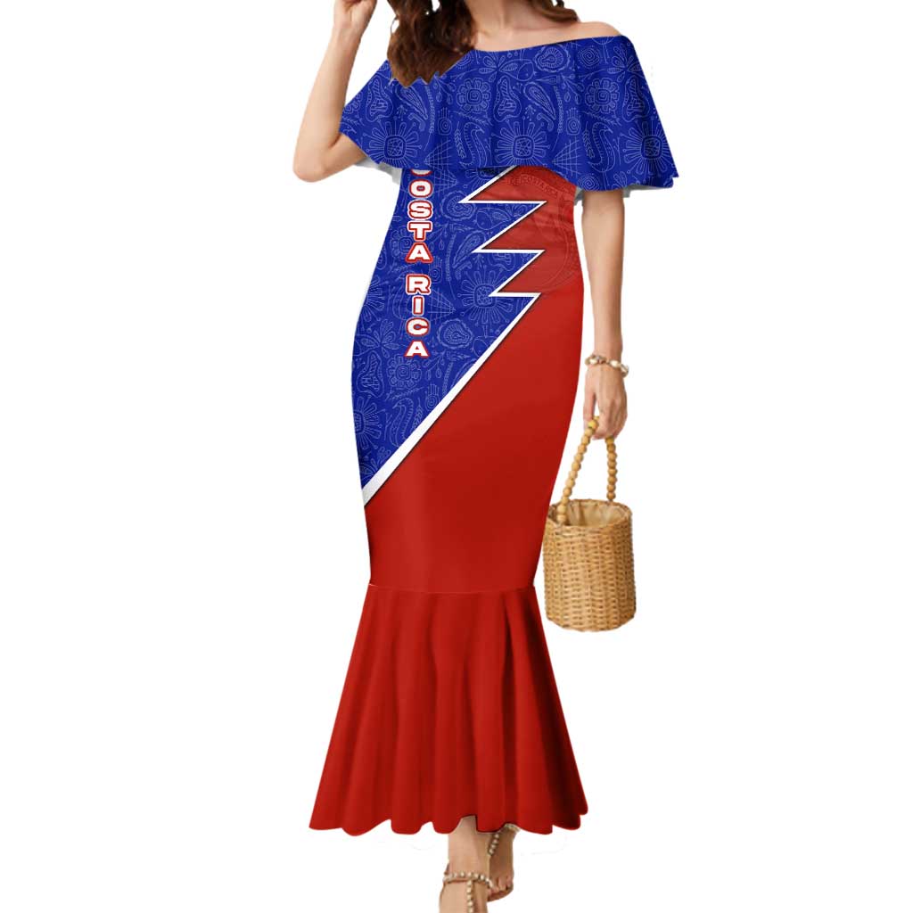 Costa Rica Toucan Mermaid Dress Red and Blue with National Seal and Tropical Bird Graphic - Wonder Print Shop