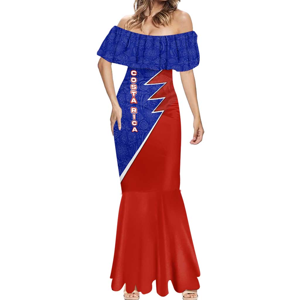 Costa Rica Toucan Mermaid Dress Red and Blue with National Seal and Tropical Bird Graphic - Wonder Print Shop