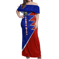 Costa Rica Toucan Off Shoulder Maxi Dress Red and Blue with National Seal and Tropical Bird Graphic - Wonder Print Shop