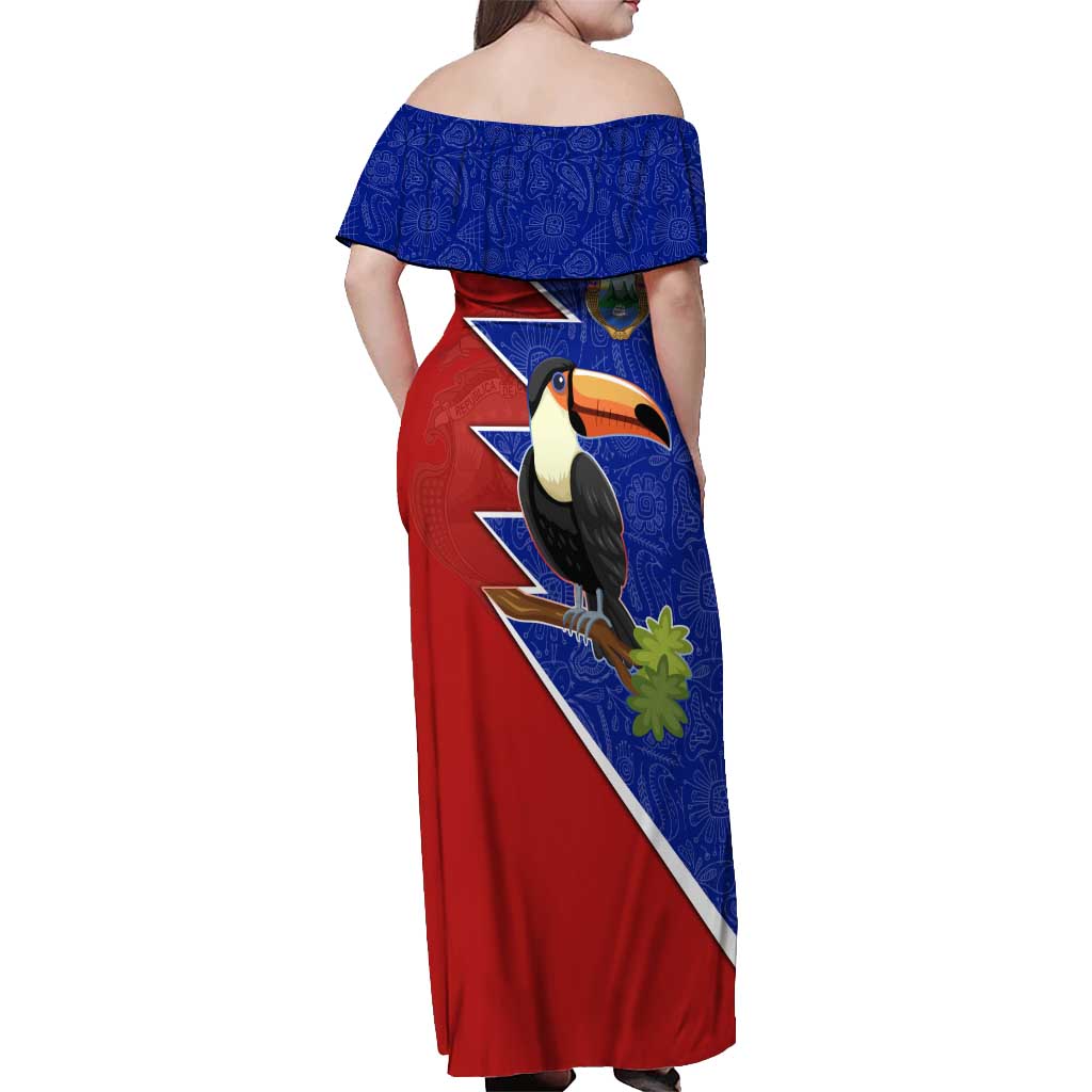 Costa Rica Toucan Off Shoulder Maxi Dress Red and Blue with National Seal and Tropical Bird Graphic - Wonder Print Shop