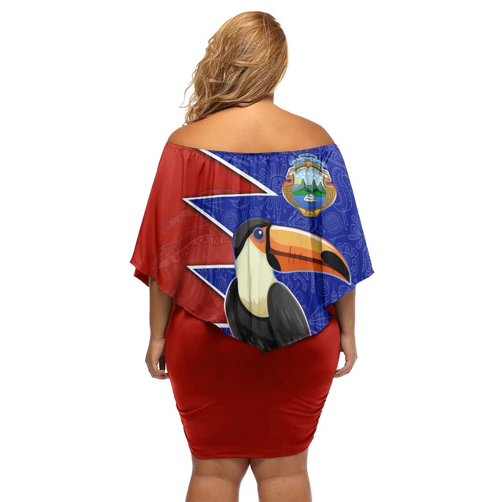 Costa Rica Toucan Off Shoulder Short Dress Red and Blue with National Seal and Tropical Bird Graphic - Wonder Print Shop