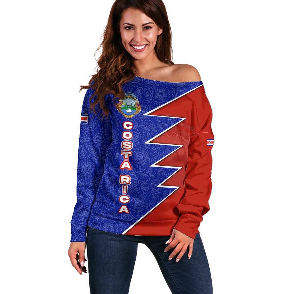 Costa Rica Toucan Off Shoulder Sweater Red and Blue with National Seal and Tropical Bird Graphic - Wonder Print Shop