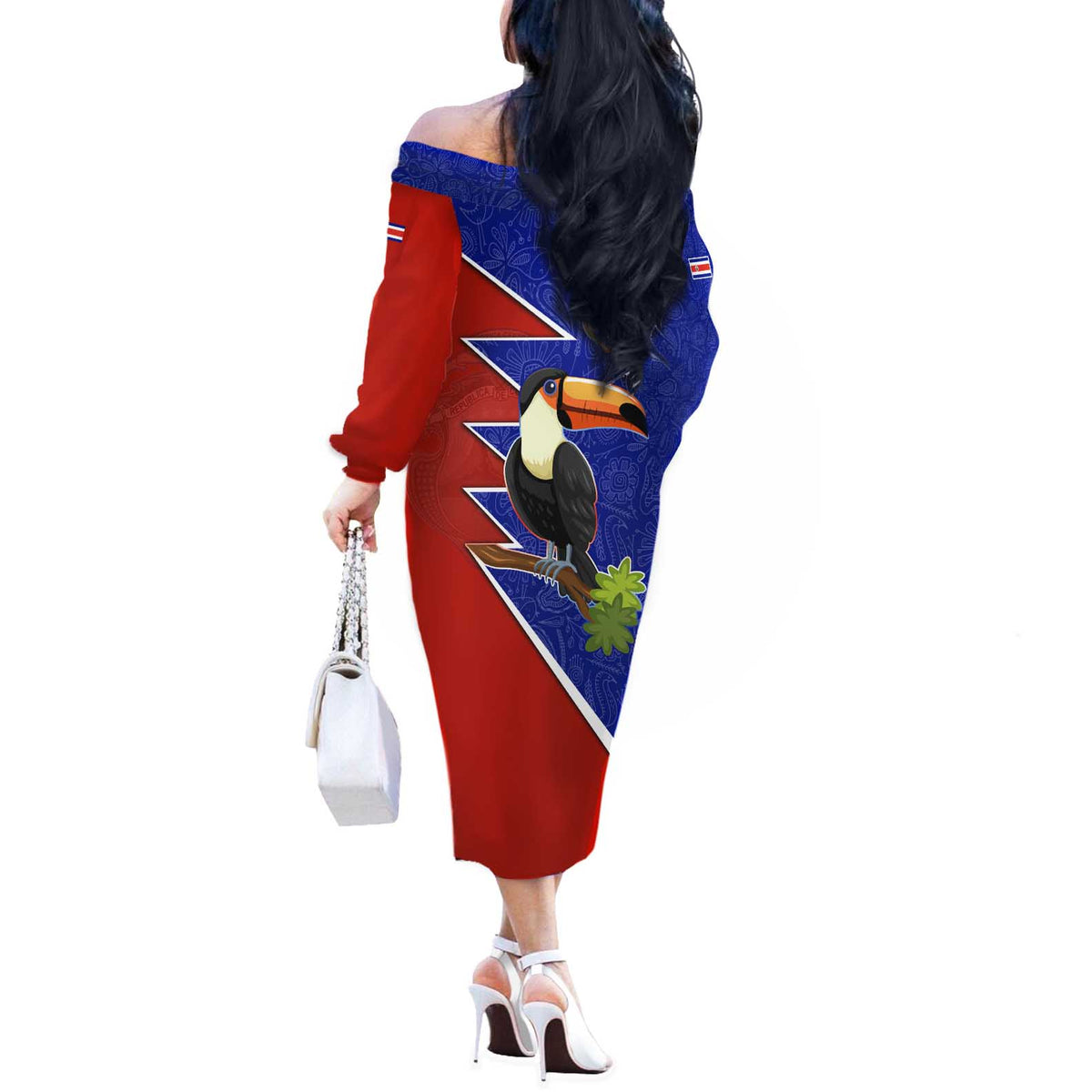 Costa Rica Toucan Off The Shoulder Long Sleeve Dress Red and Blue with National Seal and Tropical Bird Graphic - Wonder Print Shop