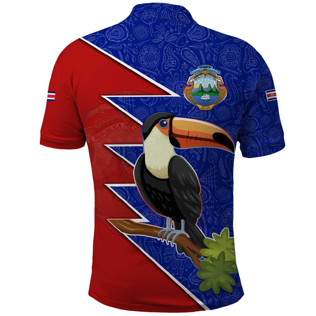 Costa Rica Toucan Polo Shirt Red and Blue with National Seal and Tropical Bird Graphic - Wonder Print Shop
