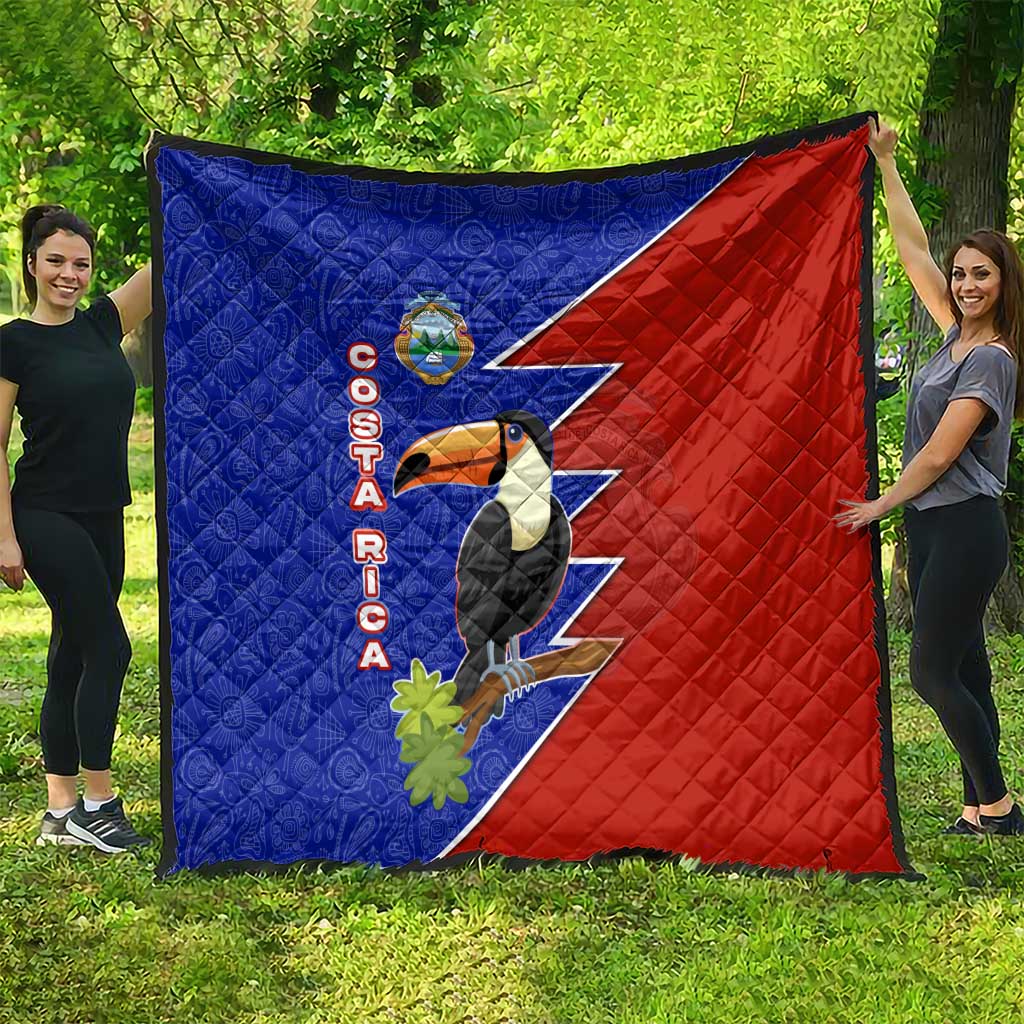 Costa Rica Toucan Quilt Red and Blue with National Seal and Tropical Bird Graphic - Wonder Print Shop
