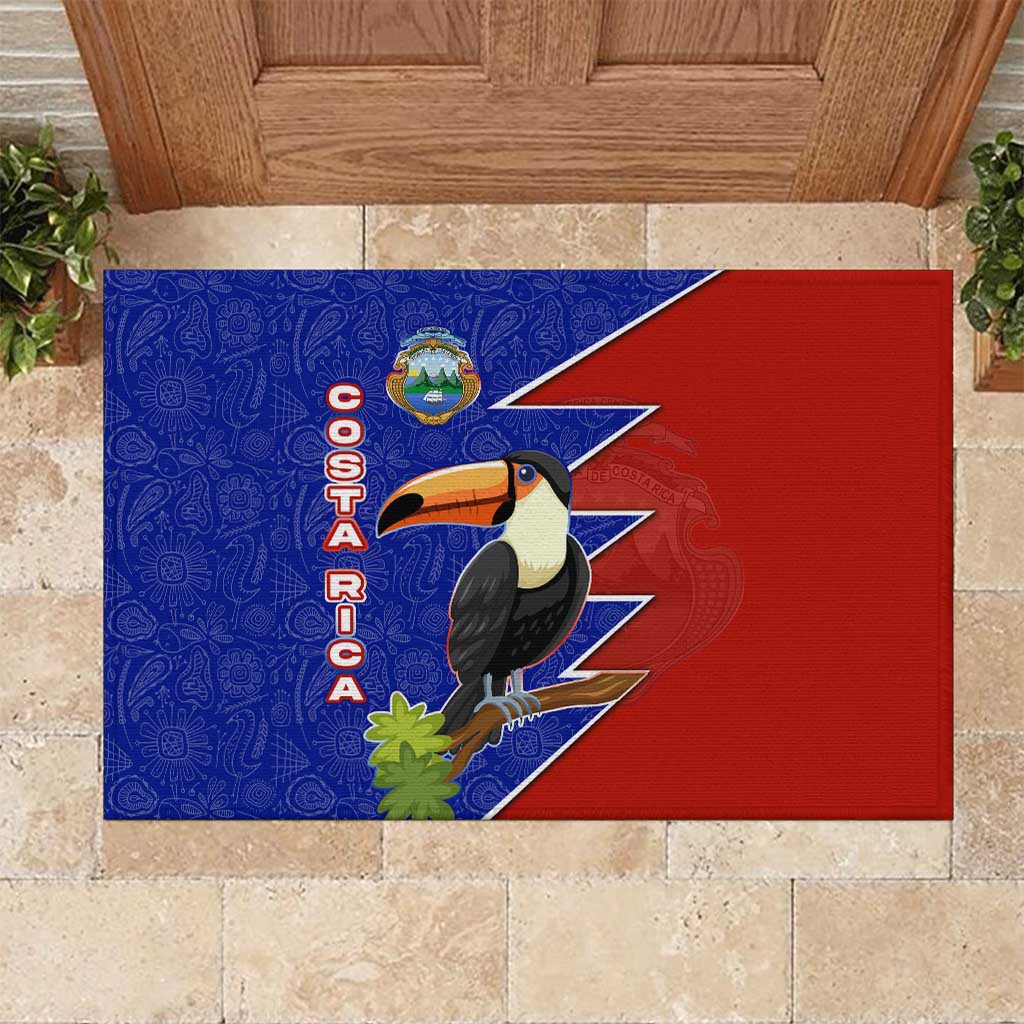 Costa Rica Toucan Rubber Doormat Red and Blue with National Seal and Tropical Bird Graphic - Wonder Print Shop