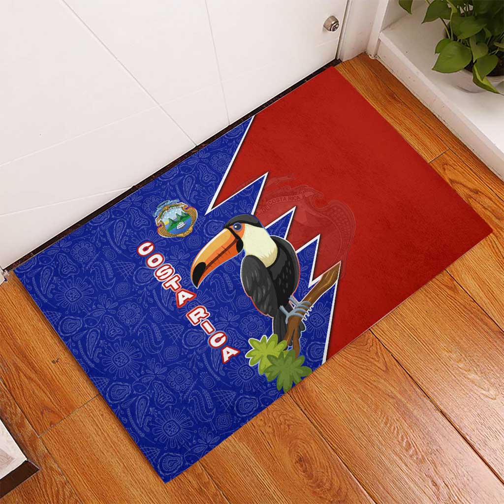 Costa Rica Toucan Rubber Doormat Red and Blue with National Seal and Tropical Bird Graphic - Wonder Print Shop