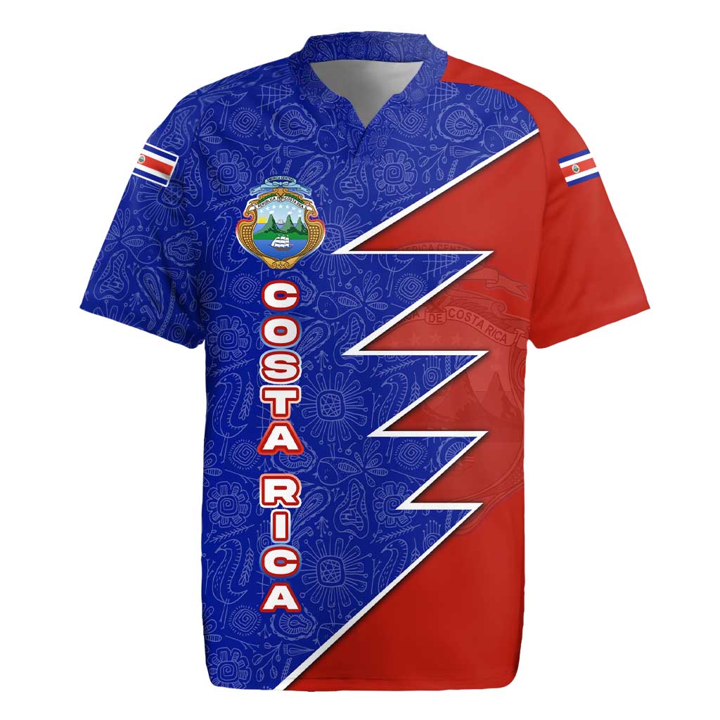 Costa Rica Toucan Rugby Jersey Red and Blue with National Seal and Tropical Bird Graphic - Wonder Print Shop