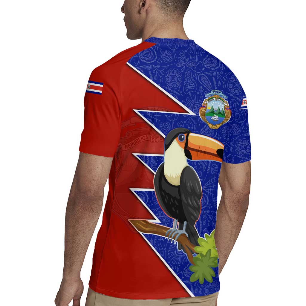 Costa Rica Toucan Rugby Jersey Red and Blue with National Seal and Tropical Bird Graphic - Wonder Print Shop