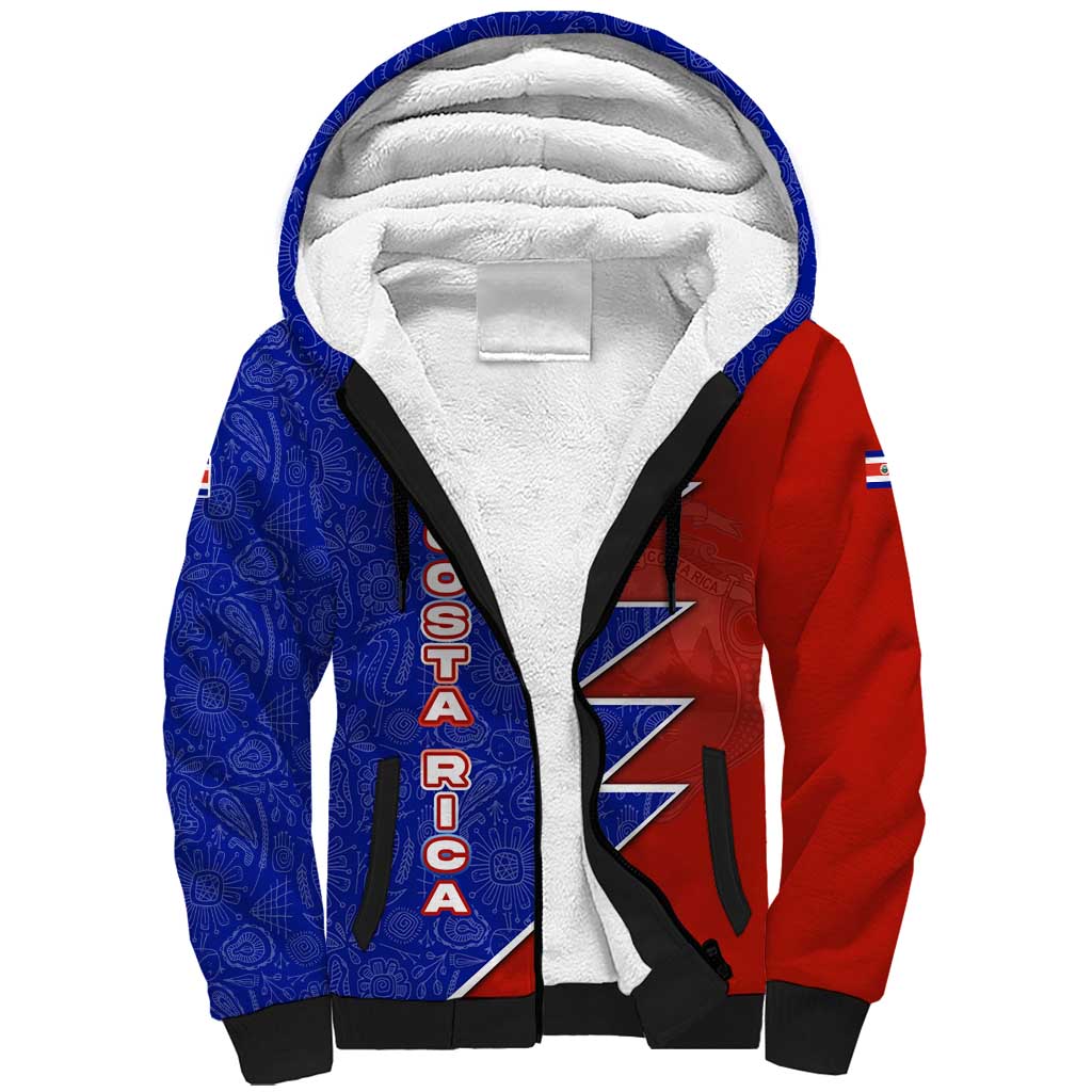 Costa Rica Toucan Sherpa Hoodie Red and Blue with National Seal and Tropical Bird Graphic - Wonder Print Shop