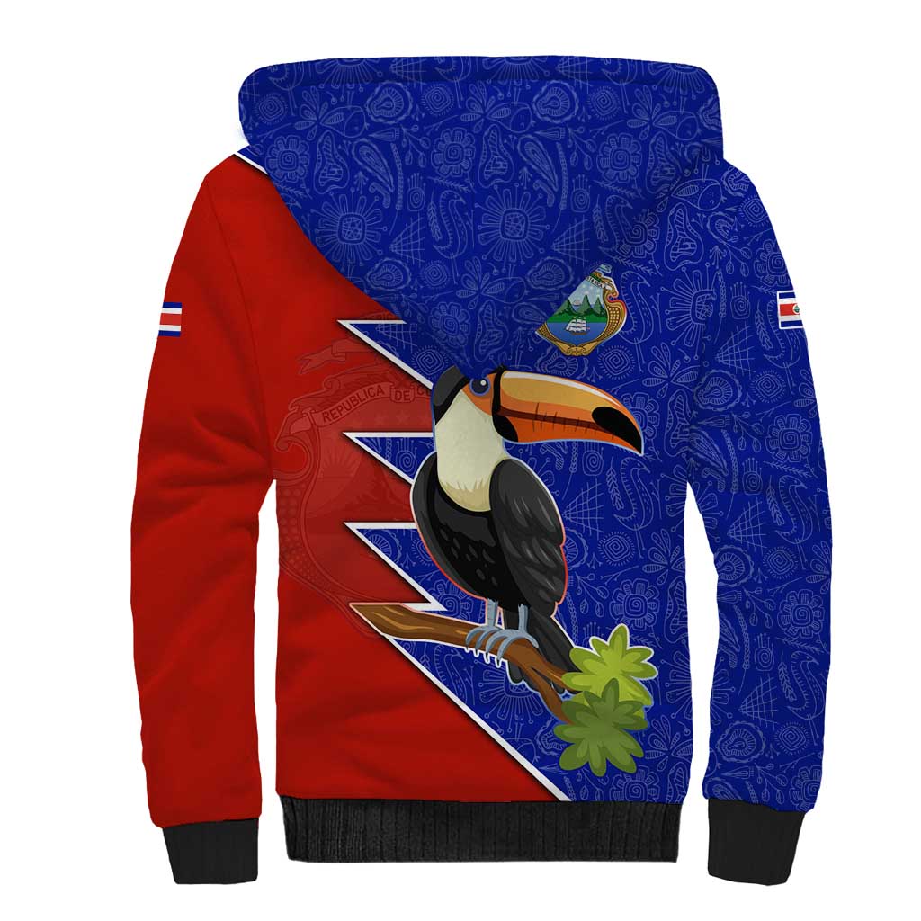 Costa Rica Toucan Sherpa Hoodie Red and Blue with National Seal and Tropical Bird Graphic - Wonder Print Shop