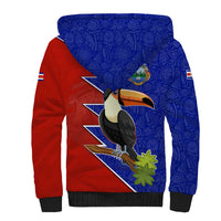 Costa Rica Toucan Sherpa Hoodie Red and Blue with National Seal and Tropical Bird Graphic - Wonder Print Shop