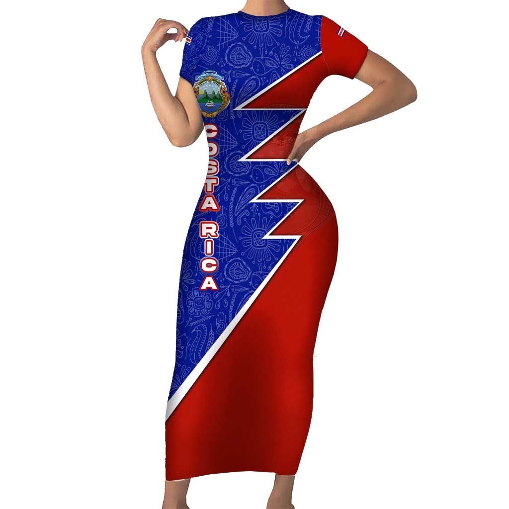 Costa Rica Toucan Short Sleeve Bodycon Dress Red and Blue with National Seal and Tropical Bird Graphic - Wonder Print Shop