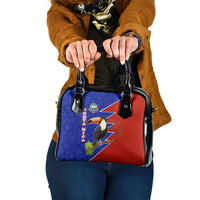 Costa Rica Toucan Shoulder Handbag Red and Blue with National Seal and Tropical Bird Graphic - Wonder Print Shop