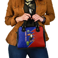 Costa Rica Toucan Shoulder Handbag Red and Blue with National Seal and Tropical Bird Graphic - Wonder Print Shop
