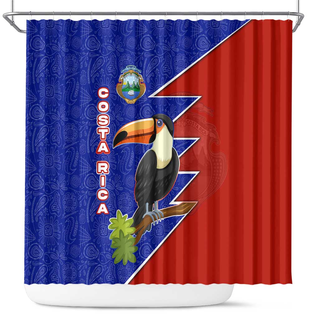 Costa Rica Toucan Shower Curtain Red and Blue with National Seal and Tropical Bird Graphic - Wonder Print Shop