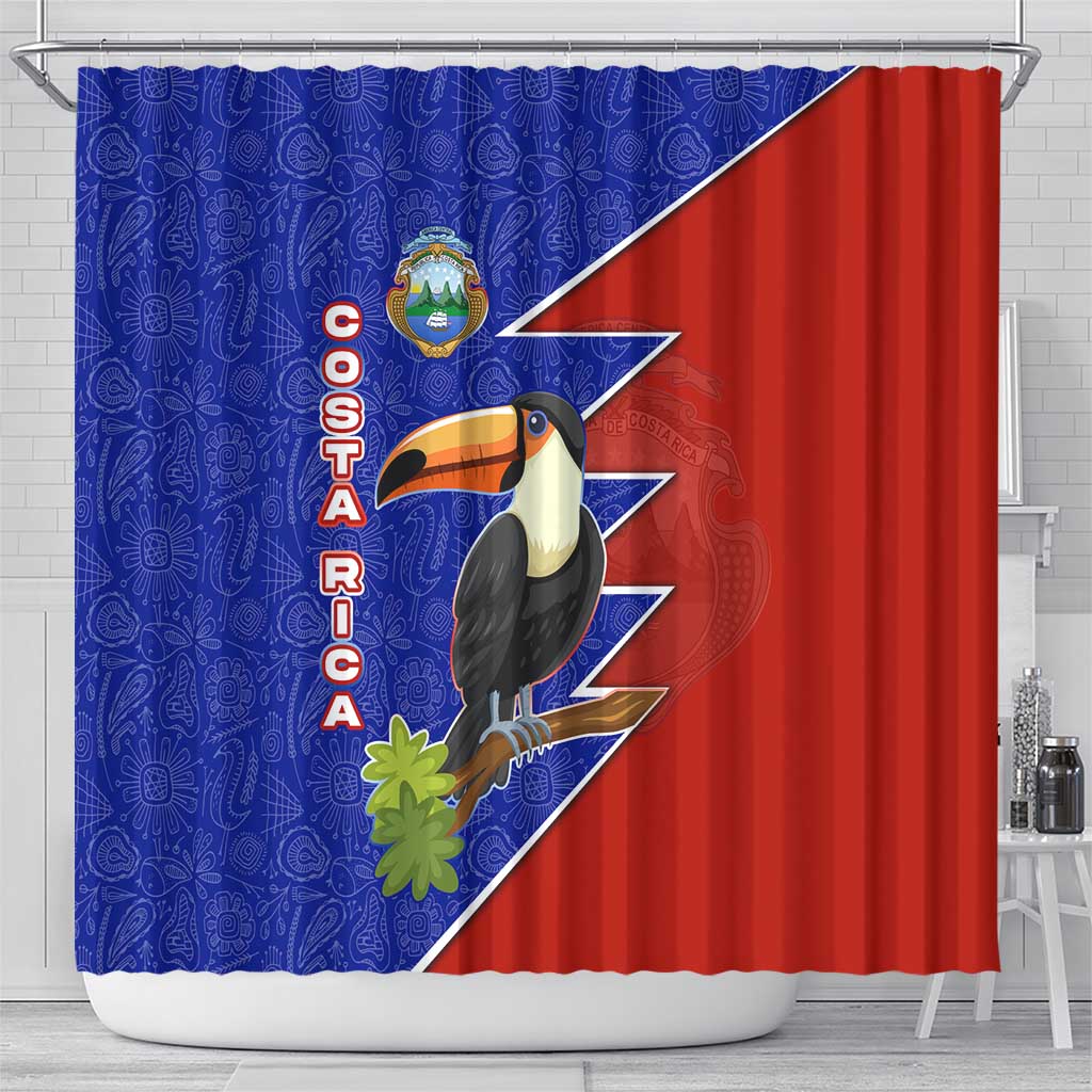 Costa Rica Toucan Shower Curtain Red and Blue with National Seal and Tropical Bird Graphic - Wonder Print Shop