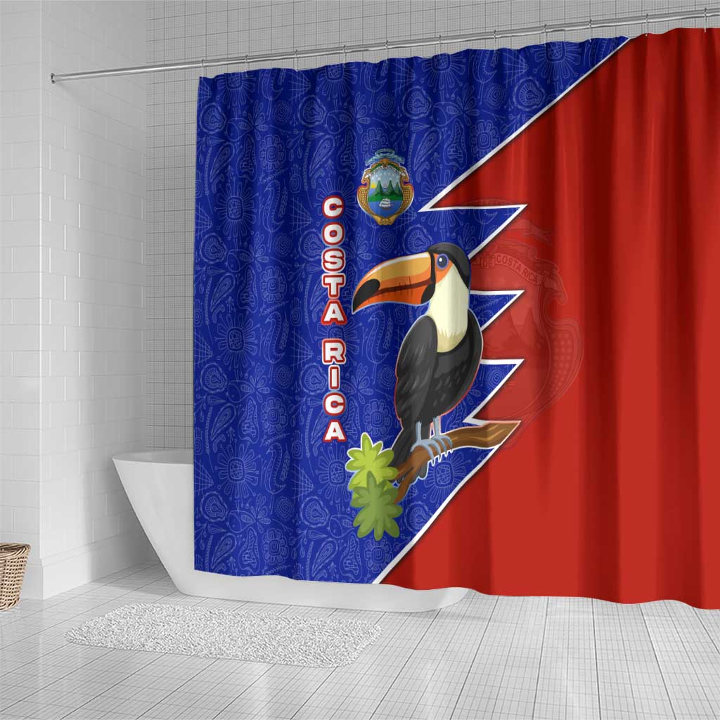 Costa Rica Toucan Shower Curtain Red and Blue with National Seal and Tropical Bird Graphic - Wonder Print Shop