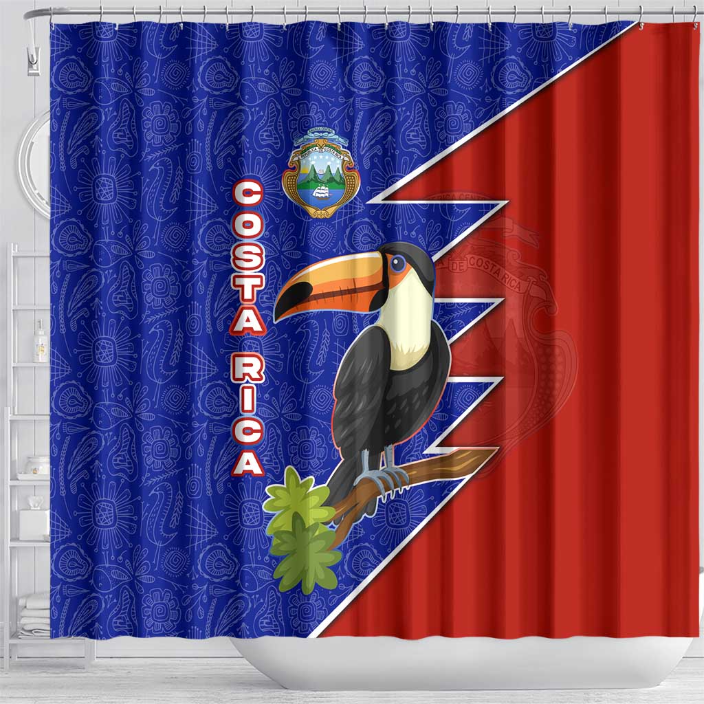 Costa Rica Toucan Shower Curtain Red and Blue with National Seal and Tropical Bird Graphic - Wonder Print Shop