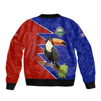 Costa Rica Toucan Sleeve Zip Bomber Jacket Red and Blue with National Seal and Tropical Bird Graphic - Wonder Print Shop