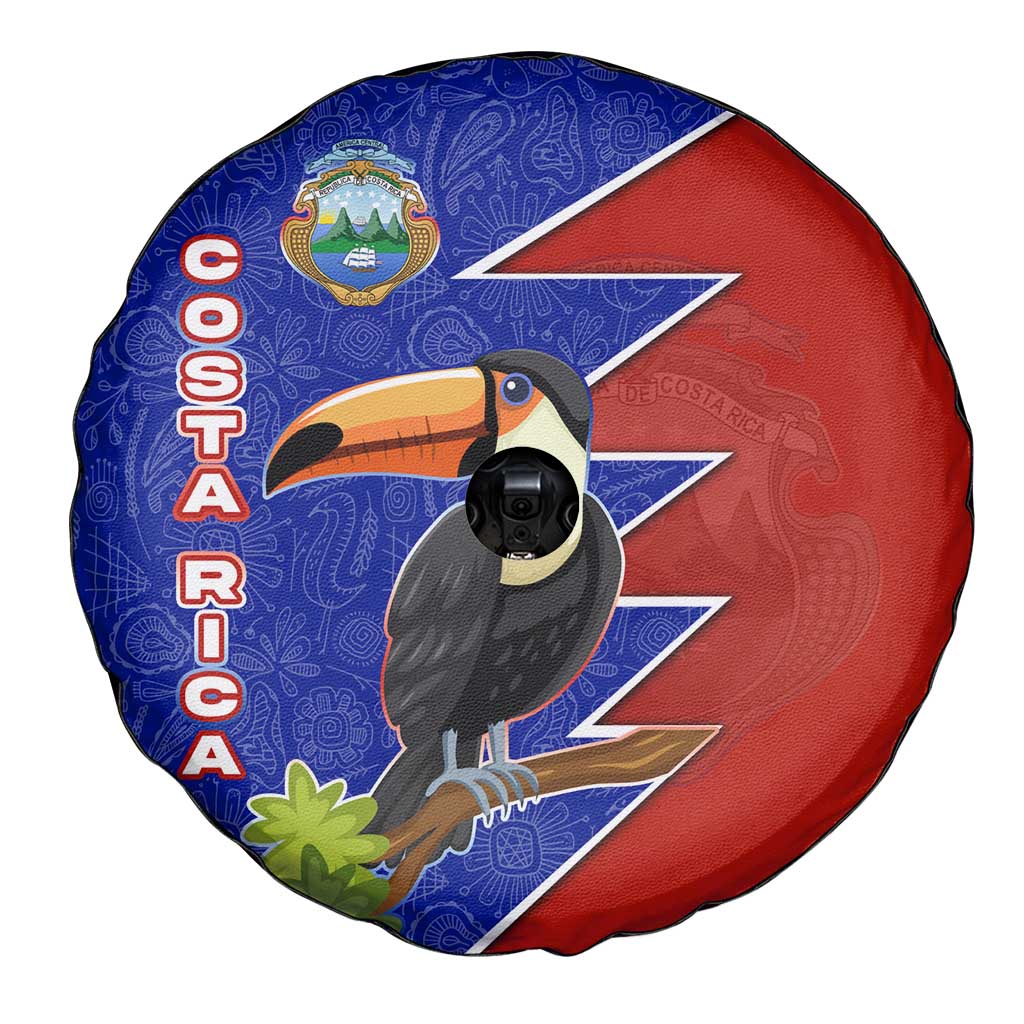 Costa Rica Toucan Spare Tire Cover Red and Blue with National Seal and Tropical Bird Graphic - Wonder Print Shop