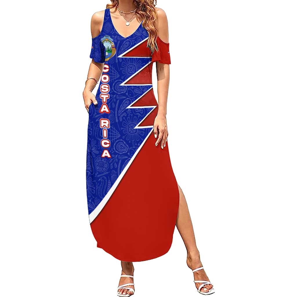 Costa Rica Toucan Summer Maxi Dress Red and Blue with National Seal and Tropical Bird Graphic - Wonder Print Shop