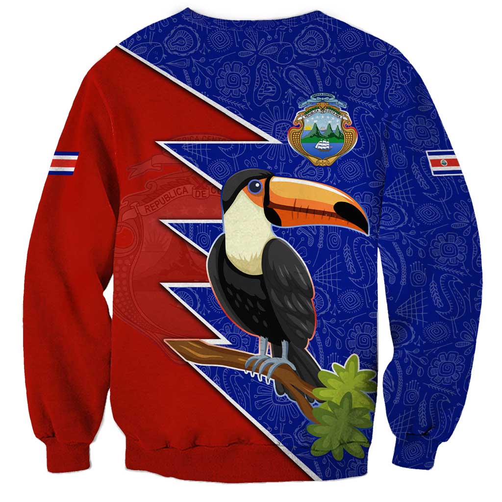 Costa Rica Toucan Sweatshirt Red and Blue with National Seal and Tropical Bird Graphic - Wonder Print Shop