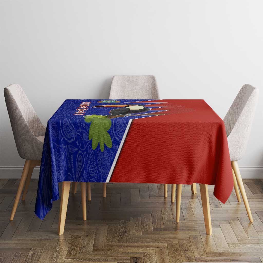 Costa Rica Toucan Tablecloth Red and Blue with National Seal and Tropical Bird Graphic - Wonder Print Shop