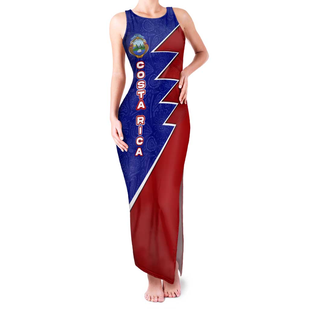 Costa Rica Toucan Tank Maxi Dress Red and Blue with National Seal and Tropical Bird Graphic - Wonder Print Shop