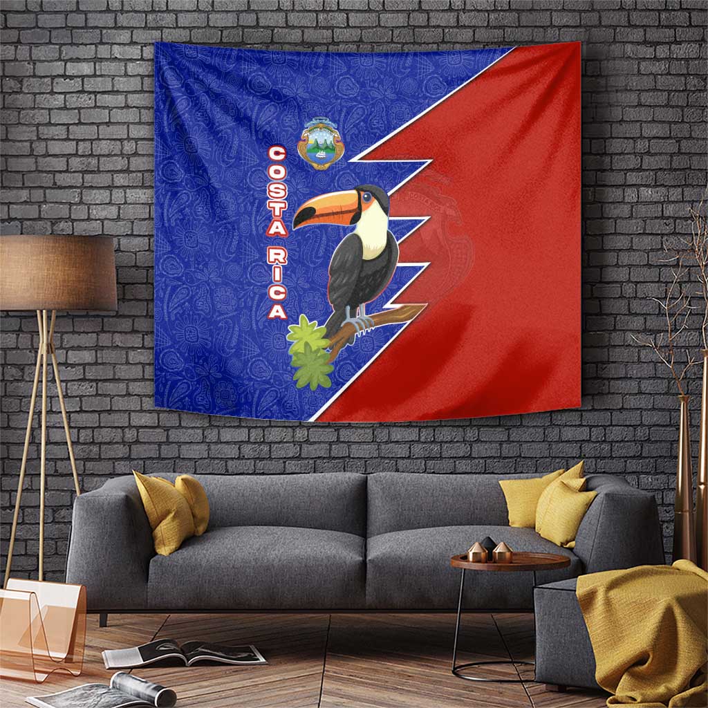 Costa Rica Toucan Tapestry Red and Blue with National Seal and Tropical Bird Graphic - Wonder Print Shop