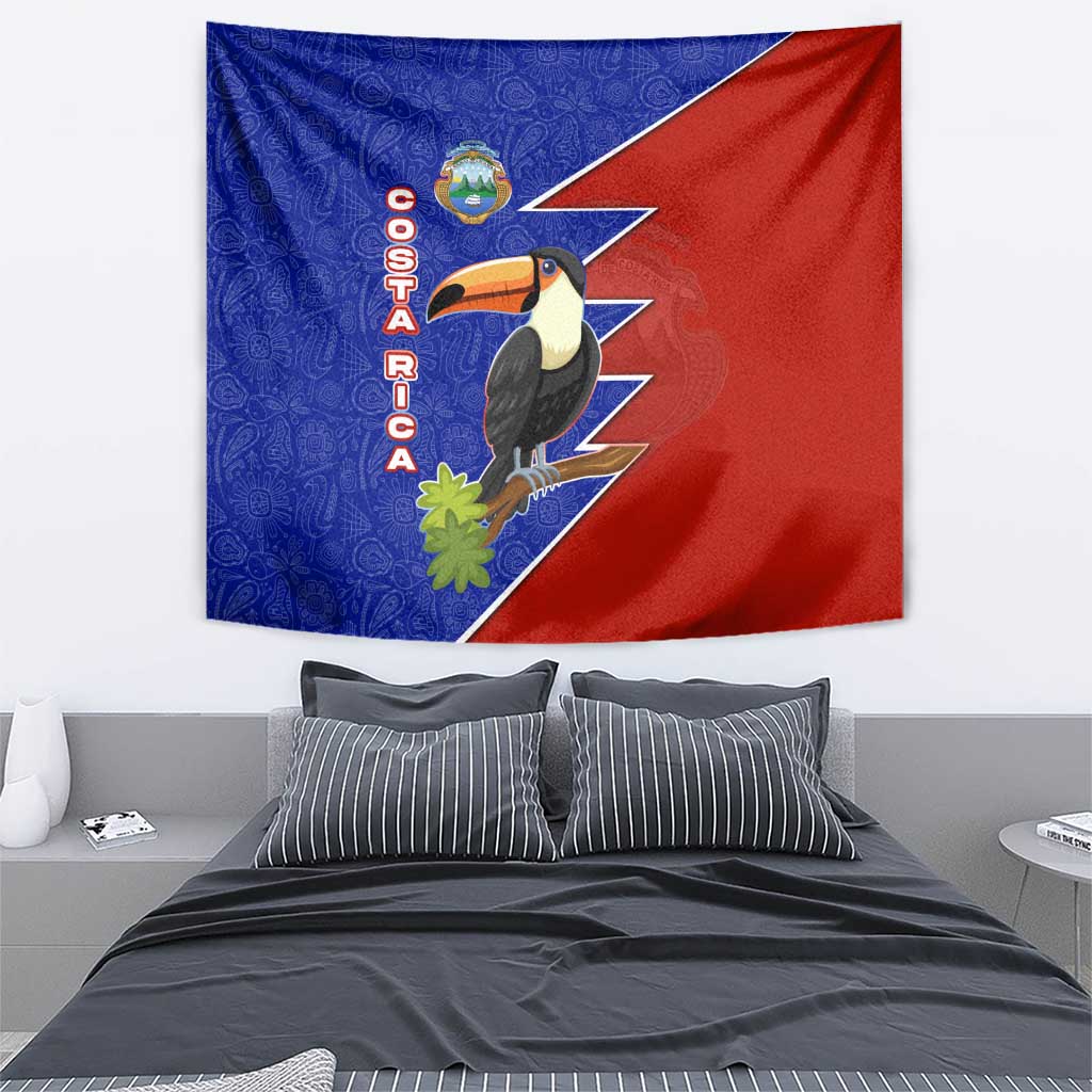 Costa Rica Toucan Tapestry Red and Blue with National Seal and Tropical Bird Graphic - Wonder Print Shop