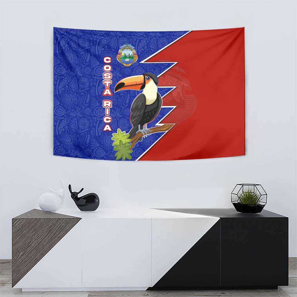 Costa Rica Toucan Tapestry Red and Blue with National Seal and Tropical Bird Graphic - Wonder Print Shop