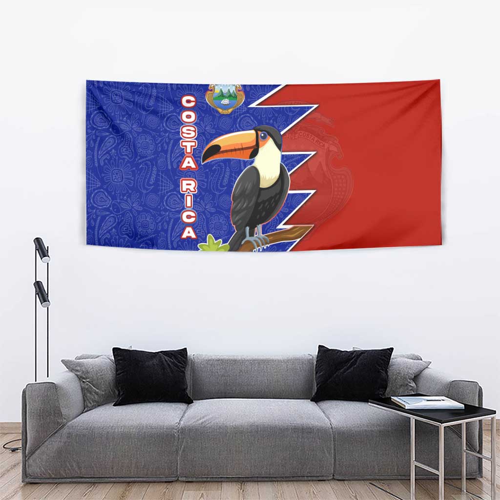 Costa Rica Toucan Tapestry Red and Blue with National Seal and Tropical Bird Graphic - Wonder Print Shop