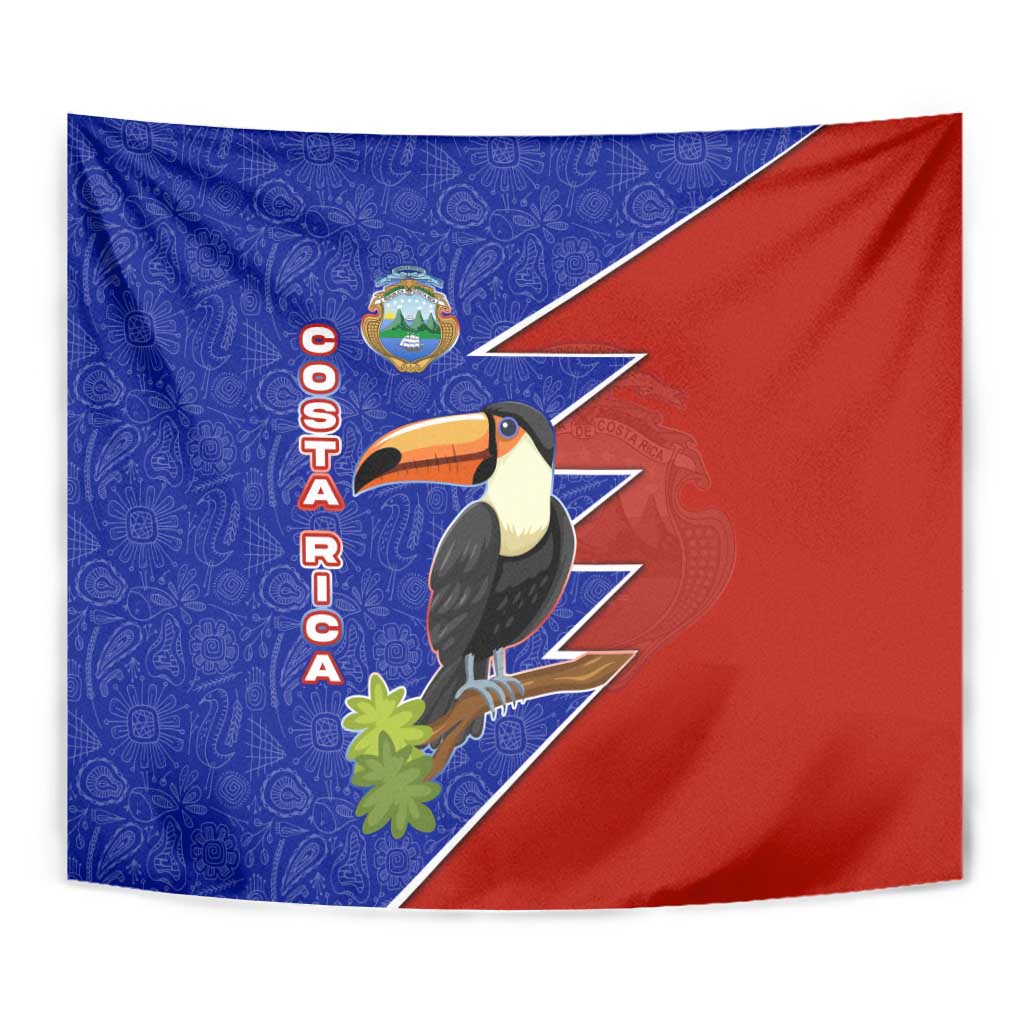 Costa Rica Toucan Tapestry Red and Blue with National Seal and Tropical Bird Graphic - Wonder Print Shop
