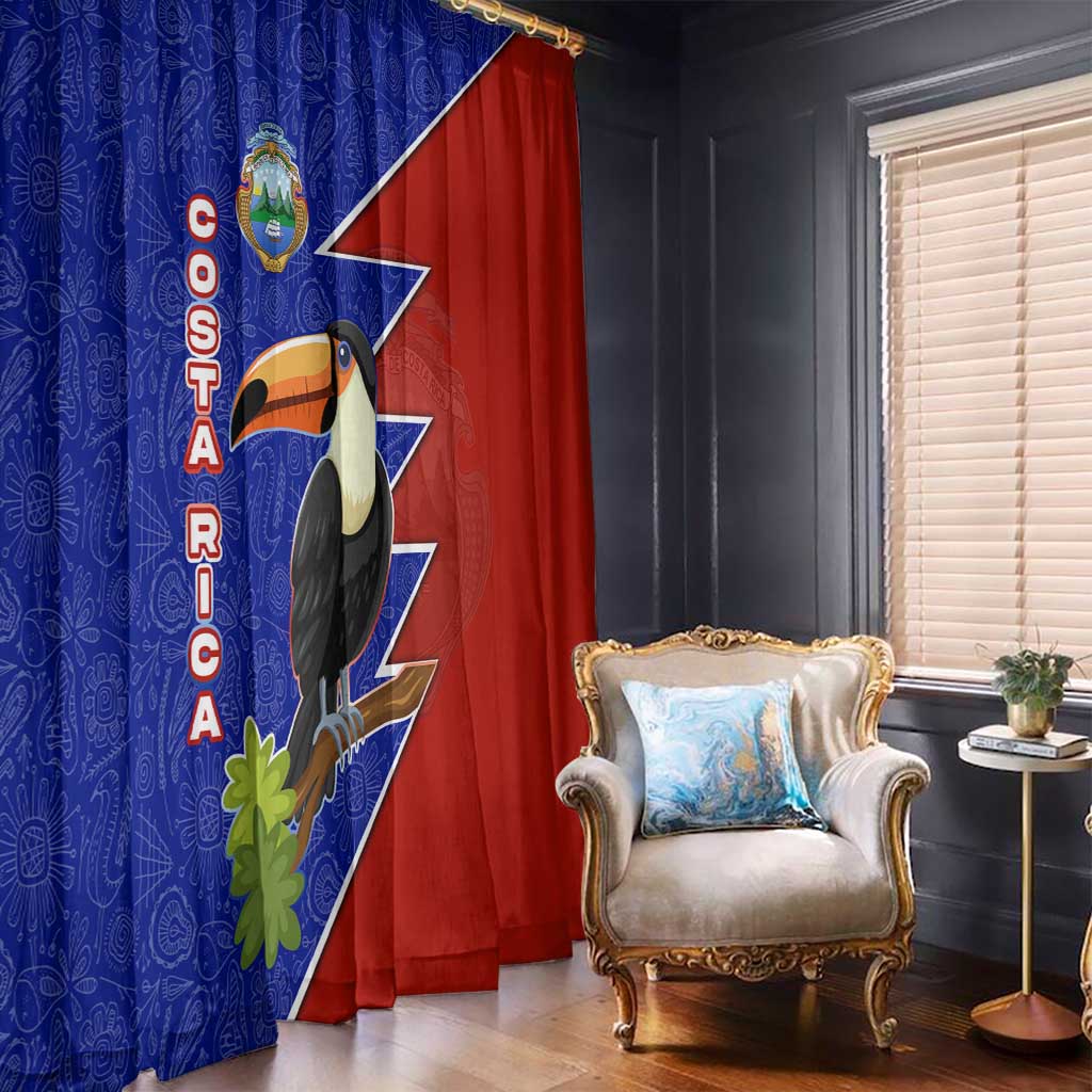 Costa Rica Toucan Window Curtain Red and Blue with National Seal and Tropical Bird Graphic - Wonder Print Shop
