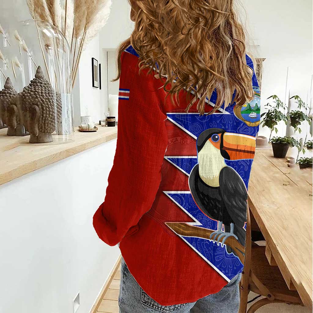 Costa Rica Toucan Women Casual Shirt Red and Blue with National Seal and Tropical Bird Graphic - Wonder Print Shop