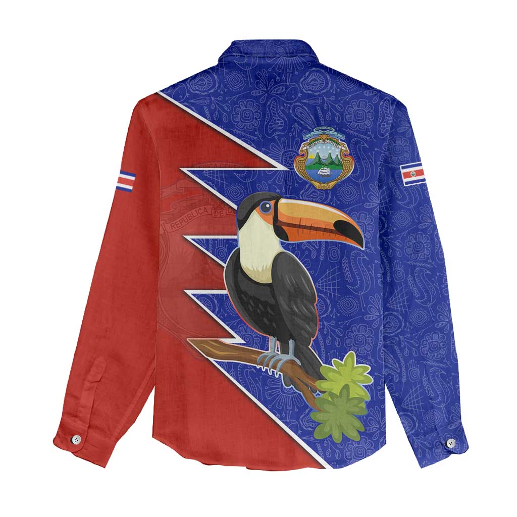 Costa Rica Toucan Women Casual Shirt Red and Blue with National Seal and Tropical Bird Graphic - Wonder Print Shop
