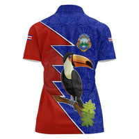 Costa Rica Toucan Women Polo Shirt Red and Blue with National Seal and Tropical Bird Graphic - Wonder Print Shop
