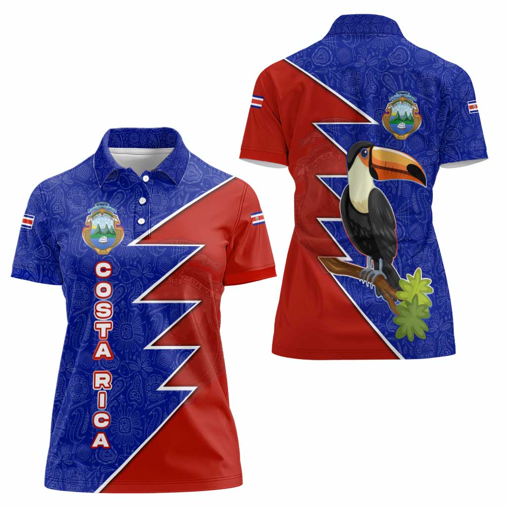 Costa Rica Toucan Women Polo Shirt Red and Blue with National Seal and Tropical Bird Graphic - Wonder Print Shop