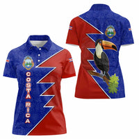 Costa Rica Toucan Women Polo Shirt Red and Blue with National Seal and Tropical Bird Graphic - Wonder Print Shop
