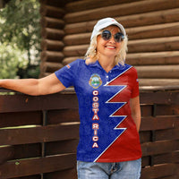 Costa Rica Toucan Women Polo Shirt Red and Blue with National Seal and Tropical Bird Graphic - Wonder Print Shop