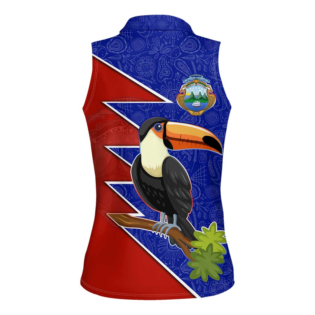 Costa Rica Toucan Women Sleeveless Polo Shirt Red and Blue with National Seal and Tropical Bird Graphic - Wonder Print Shop